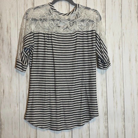 Gray / White Striped Lace Detail Sweater - Picture 2 of 6